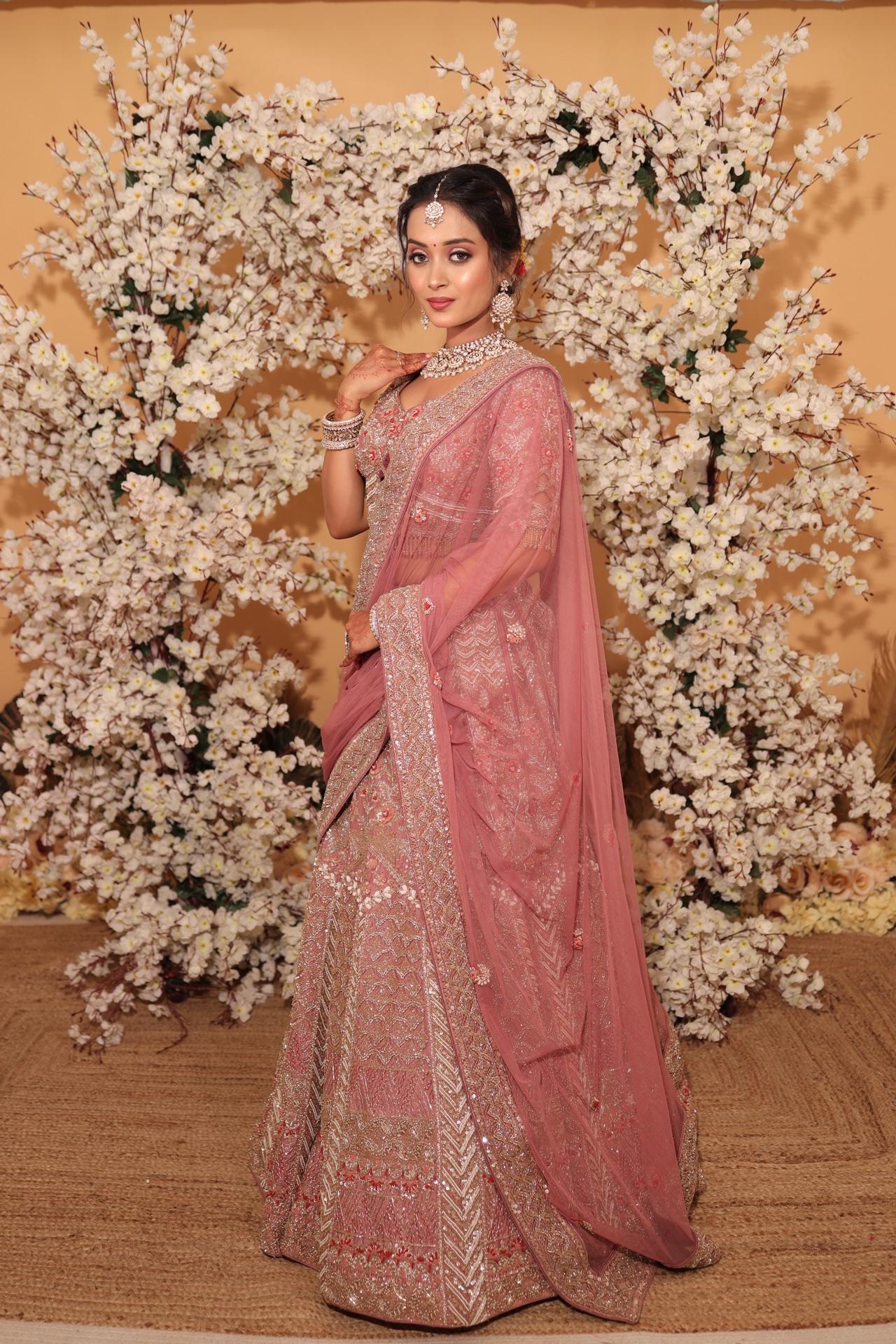 Pink bridal look with flowers